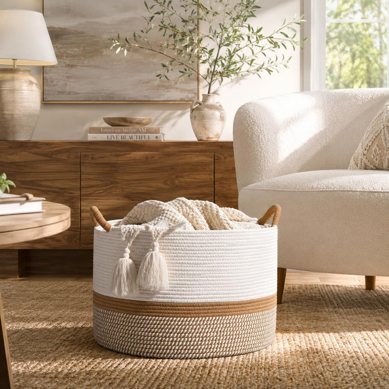 Large Cotton Rope Blanket Basket with Handles | Decorative Storage Basket