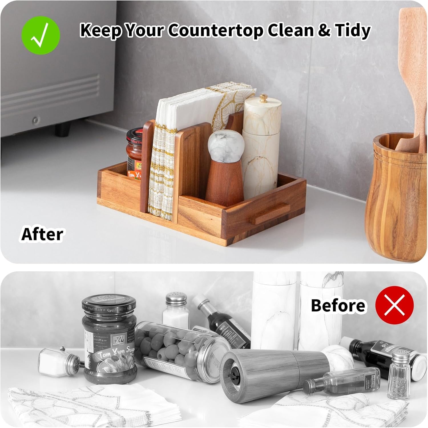 Acacia Wood Napkin Holder with Salt & Pepper Storage