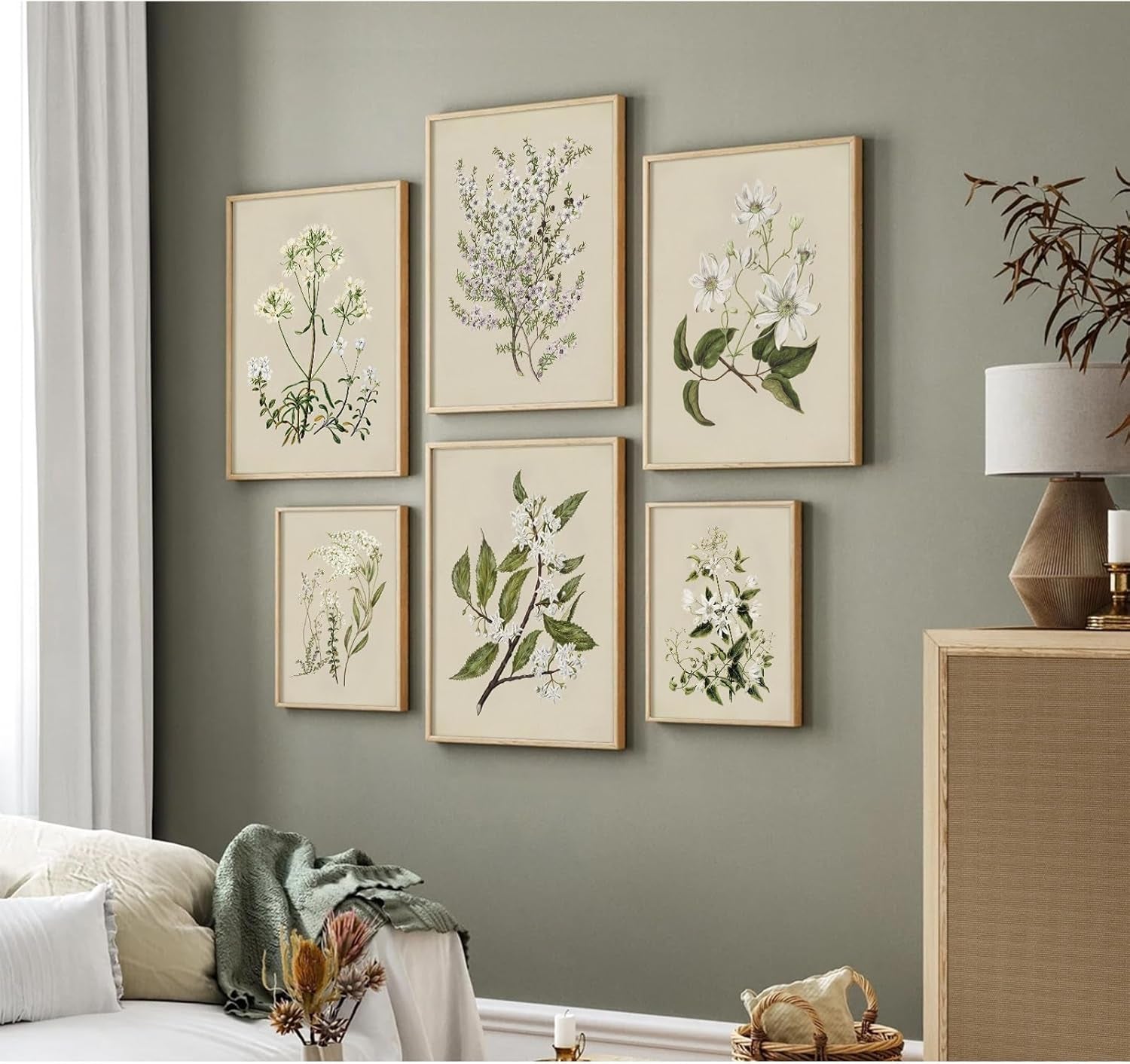 Vintage Botanical Wall Art Set | 6 Framed Neutral Floral Prints