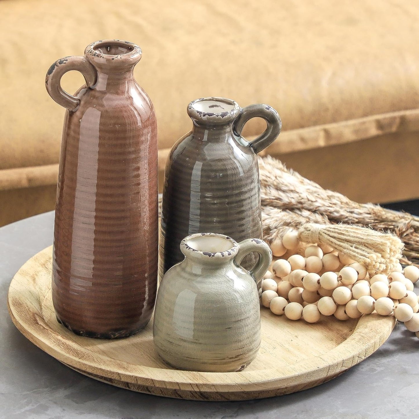 Ceramic Farmhouse Vase Set with Handles – Set of 3
