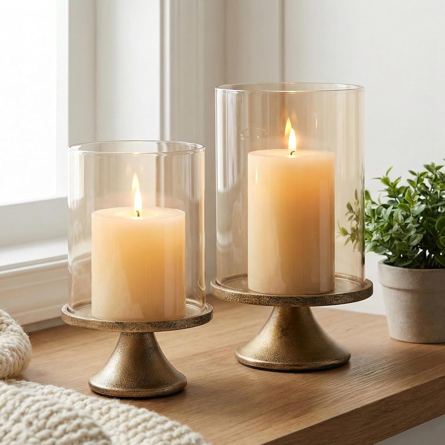 Set of 2 Hurricane Candle Holders with Glass Domes & Iron Bases