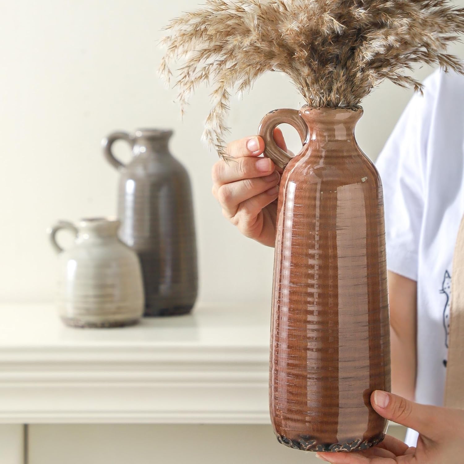 Ceramic Farmhouse Vase Set with Handles – Set of 3