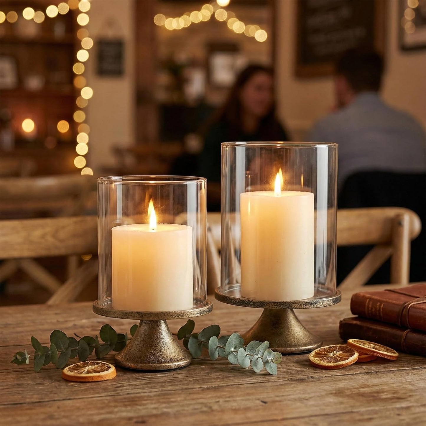 Set of 2 Hurricane Candle Holders with Glass Domes & Iron Bases