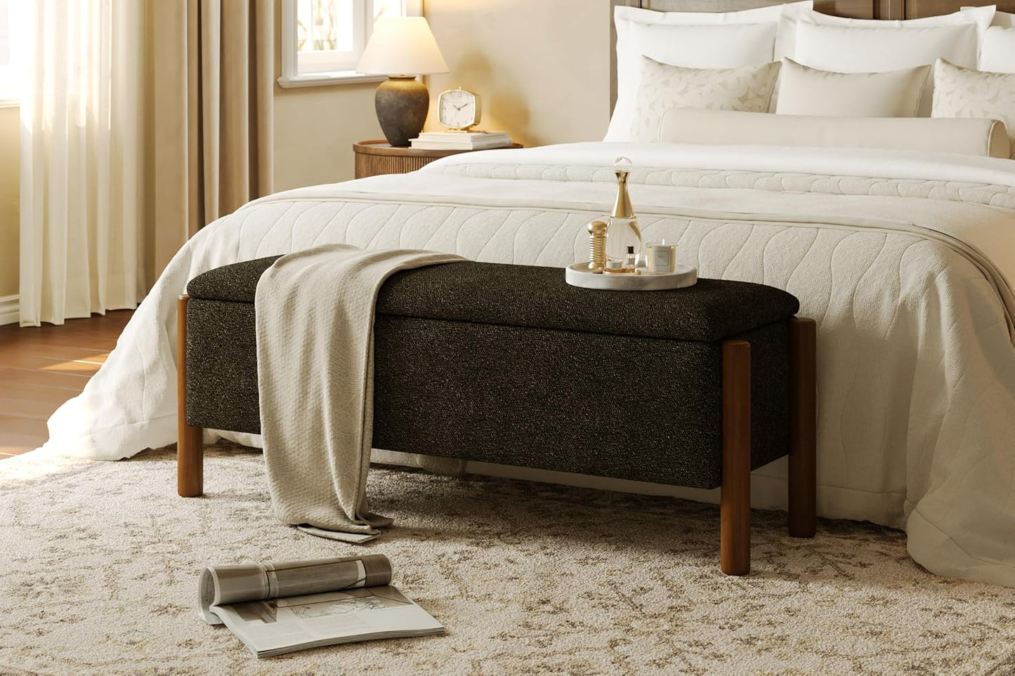 Modern Upholstered Storage Bench with Walnut Legs