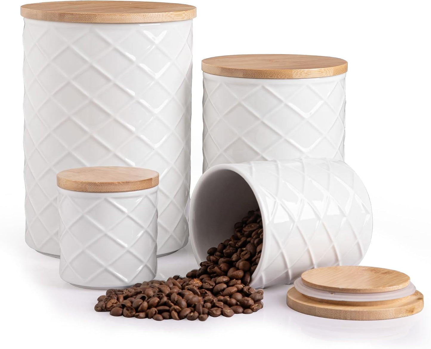 Embossed Ceramic Kitchen Canister Set with Bamboo Lids