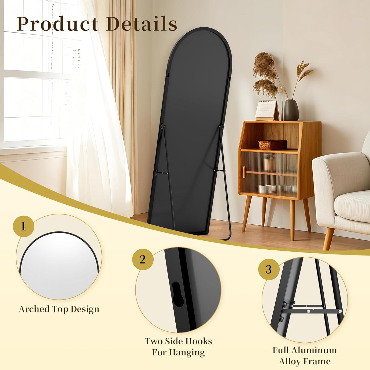 Arched Full-Length Floor Mirror | Aluminum Frame Standing, Leaning & Wall Mounted Mirror