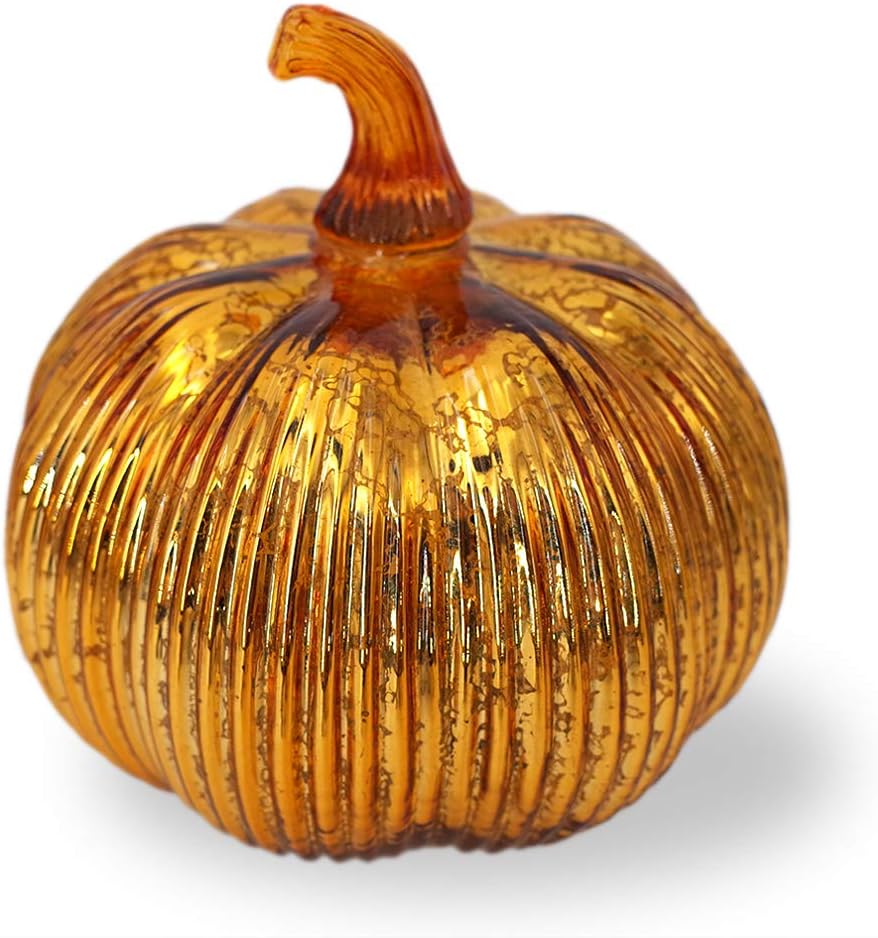 Gold Glass Light-Up Pumpkin – LED Fall Table Decor with Timer