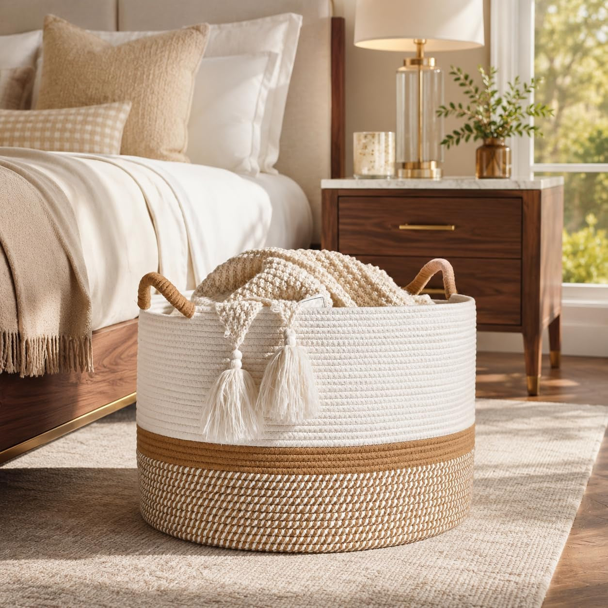 Large Cotton Rope Blanket Basket with Handles | Decorative Storage Basket