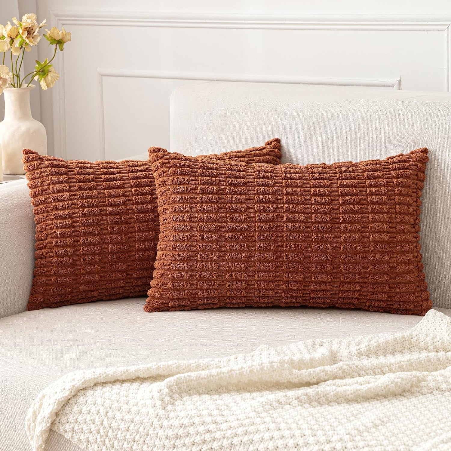 Boho Corduroy Decorative Throw Pillow Cover for Couch, Sofa & Bed