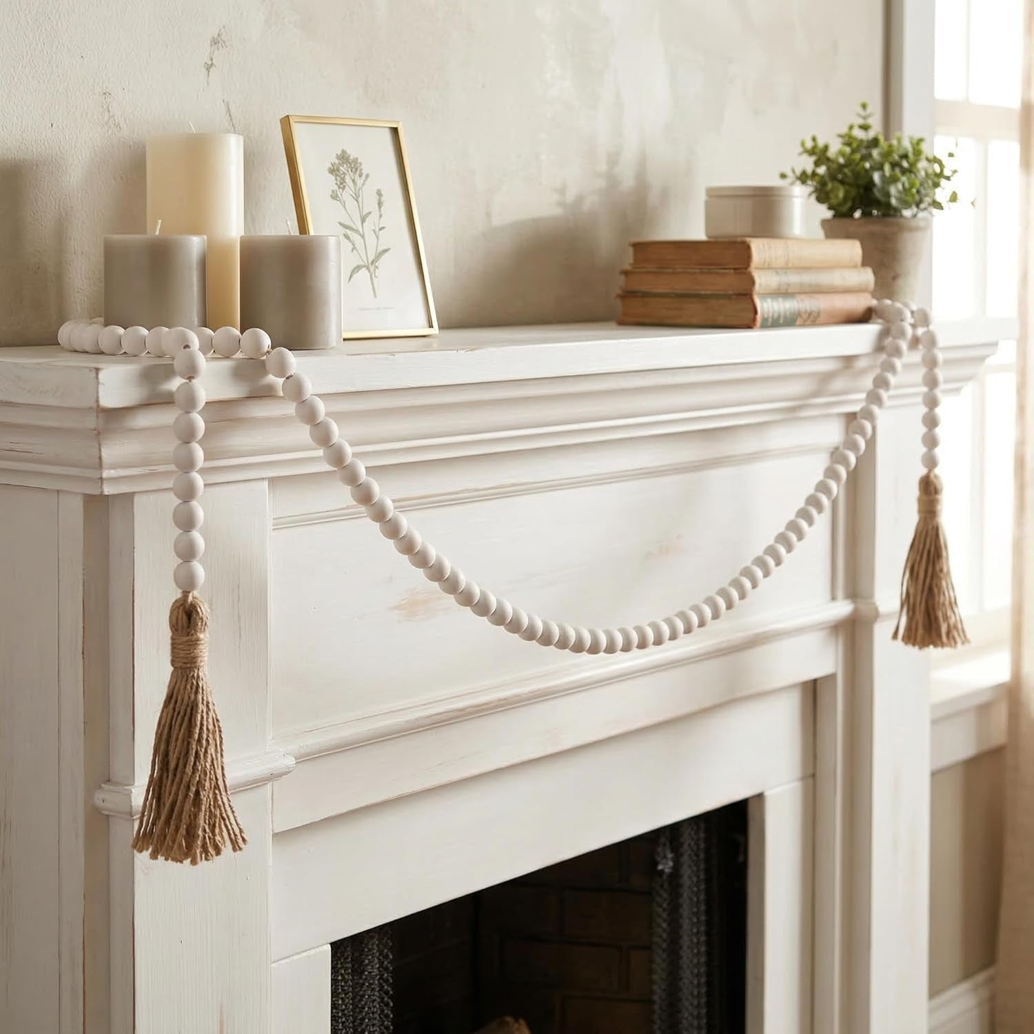 Farmhouse Wood Bead Garland | Rustic Wooden Beads with Tassels