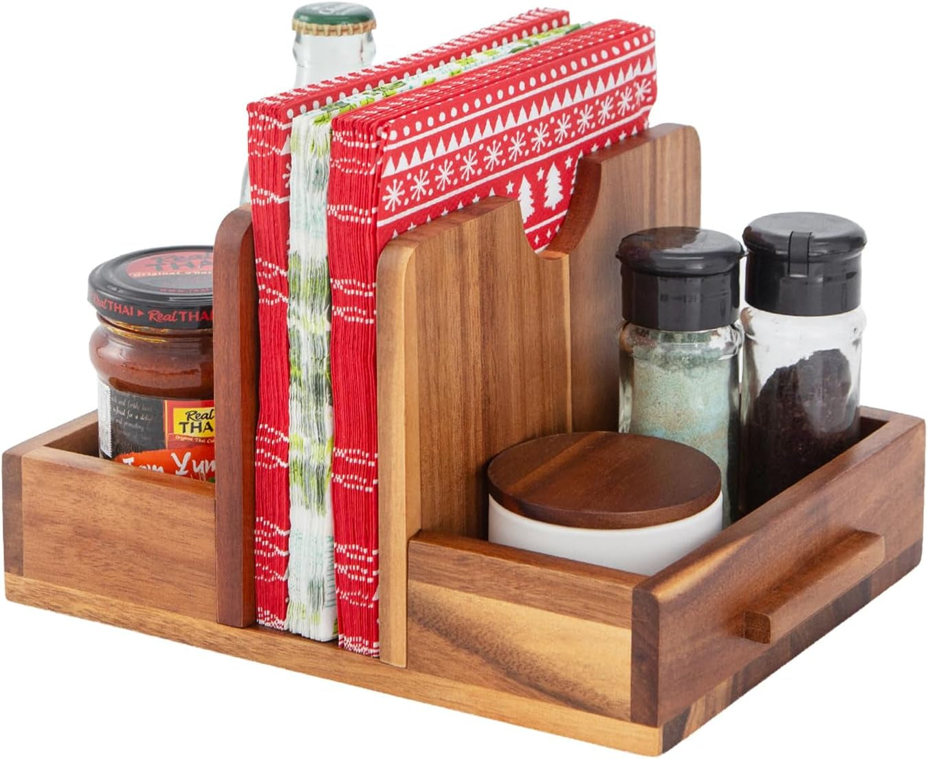 Acacia Wood Napkin Holder with Salt & Pepper Storage