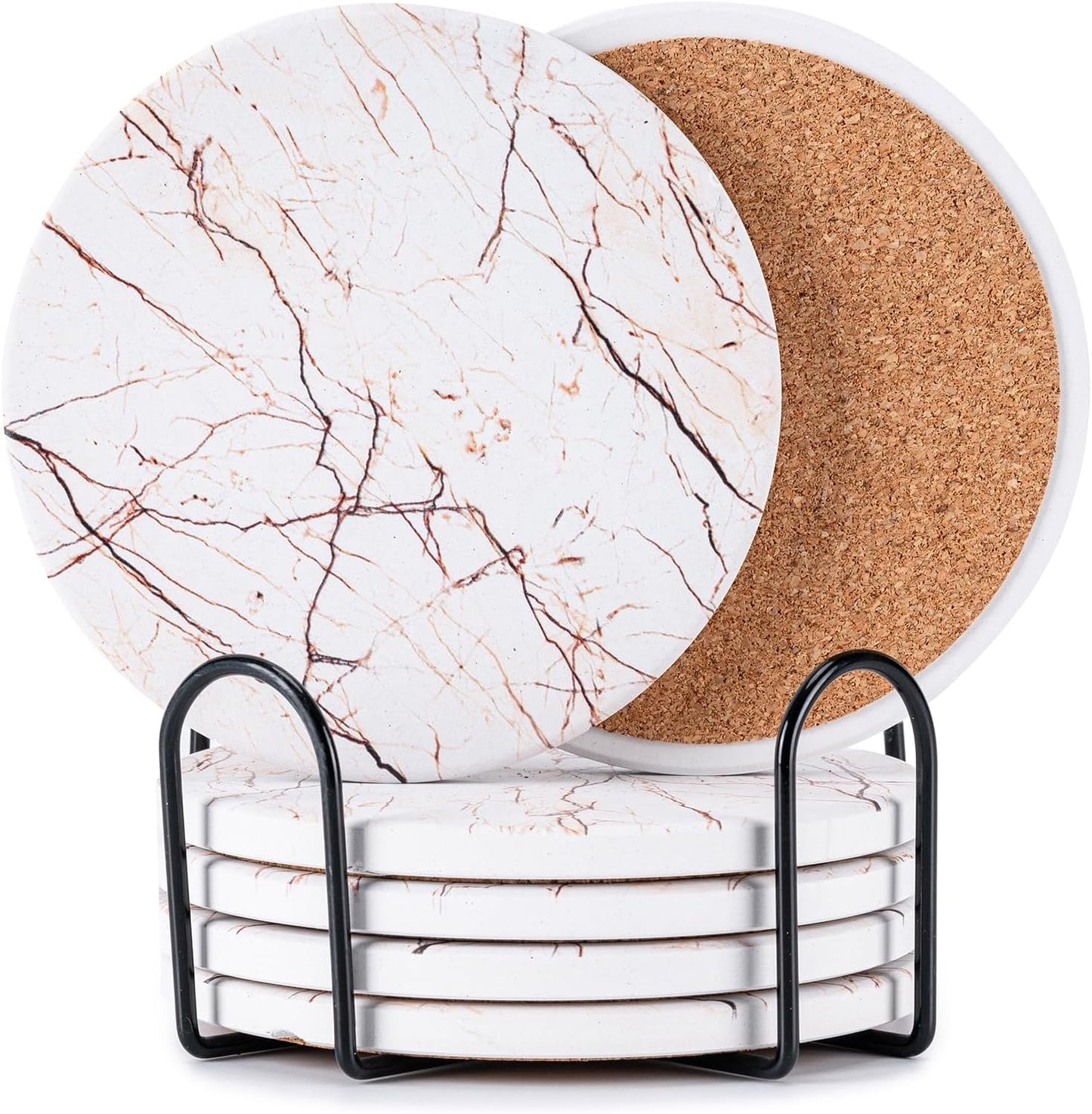 Marble Ceramic Drink Coasters with Holder | Set of 6 Absorbent Coasters