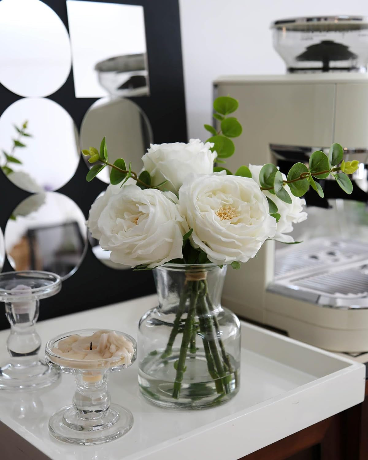 Faux Champagne Rose Arrangement in Glass Vase