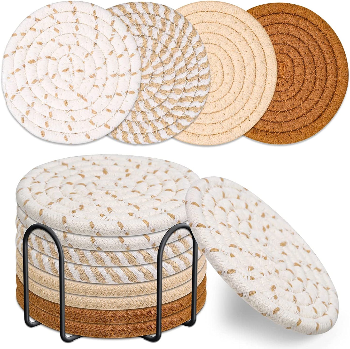 Cotton Woven Drink Coasters with Holder – Set of 8