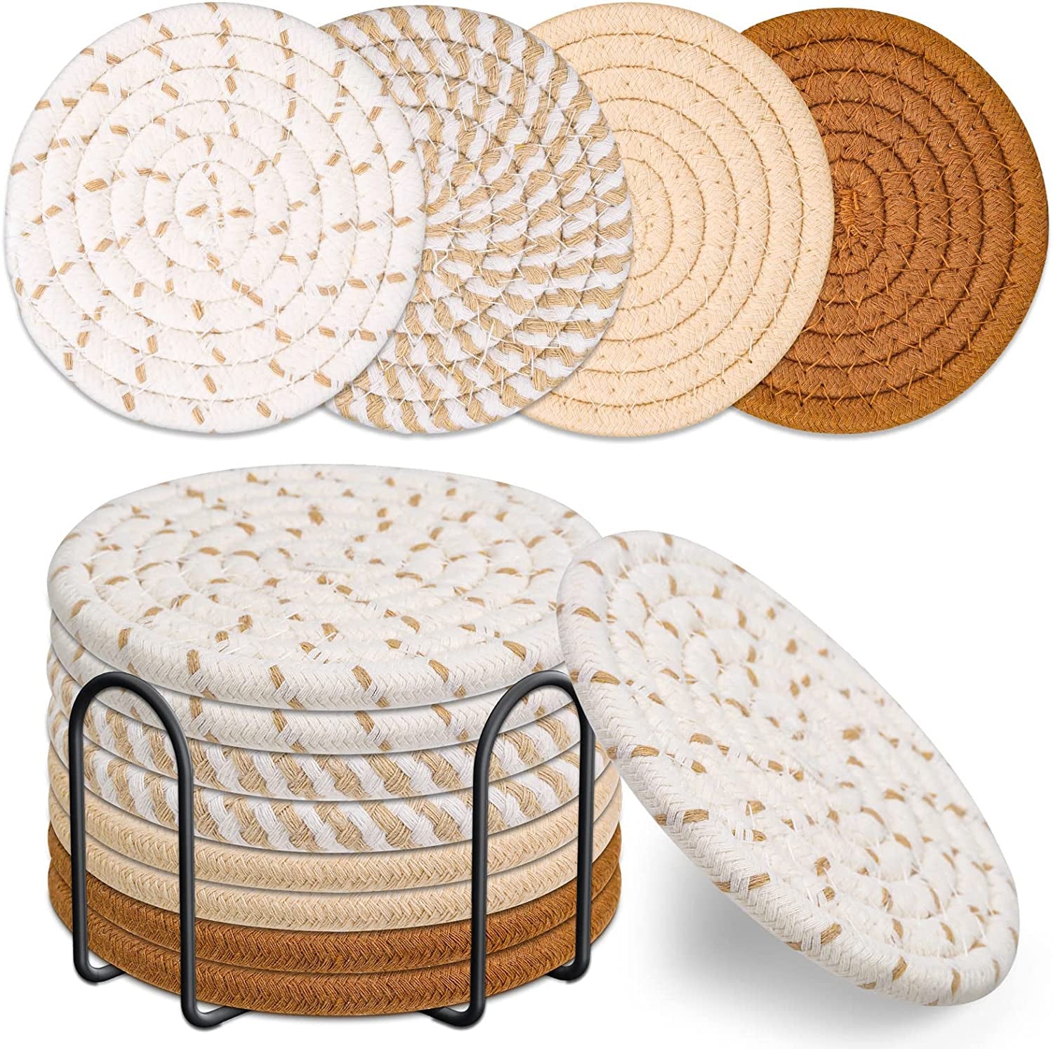 Cotton Woven Drink Coasters with Holder – Set of 8