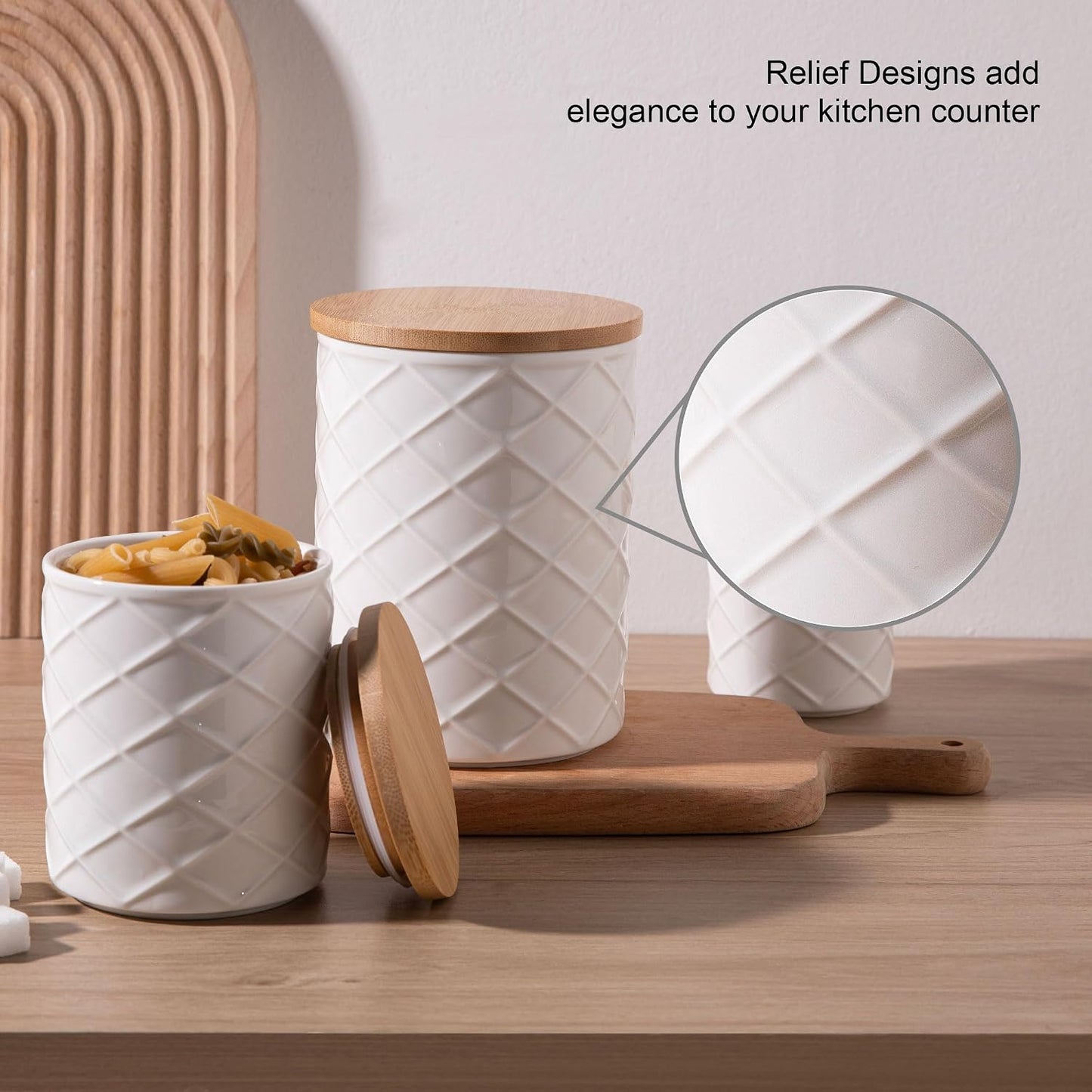 Embossed Ceramic Kitchen Canister Set with Bamboo Lids