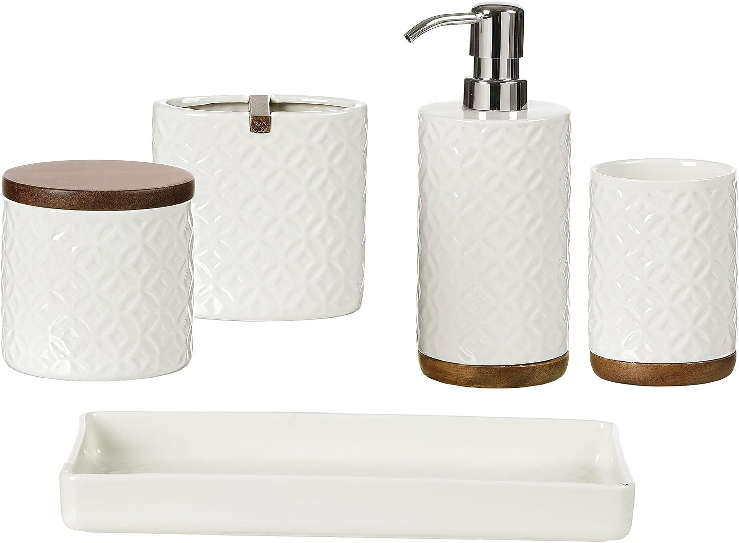 Modern 5-piece ceramic bathroom accessory set with soap dispenser, toothbrush holder, tumbler, cotton jar, and vanity tray.