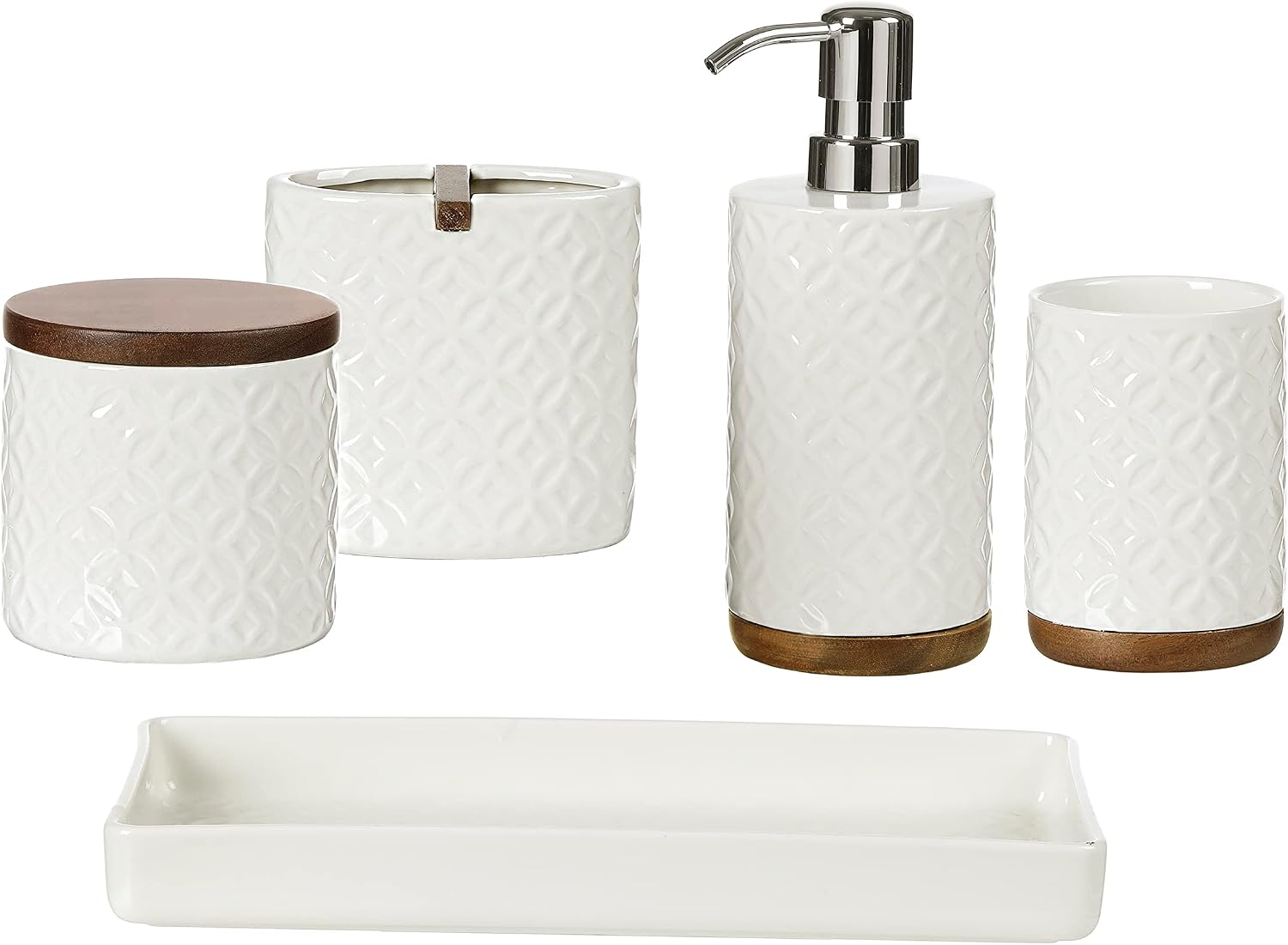 Modern 5-piece ceramic bathroom accessory set with soap dispenser, toothbrush holder, tumbler, cotton jar, and vanity tray.