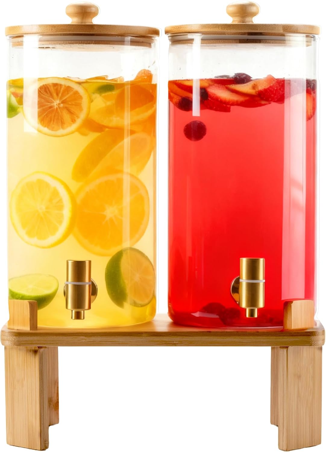 Glass Beverage Dispenser Set with Wooden Stand (2 x 1.5 Gallon)