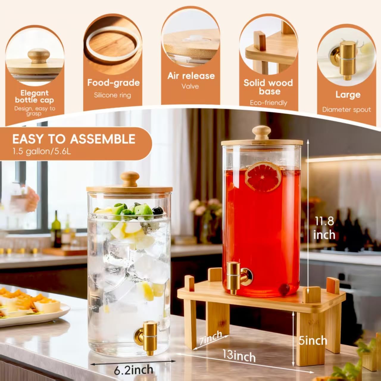 Glass Beverage Dispenser Set with Wooden Stand (2 x 1.5 Gallon)