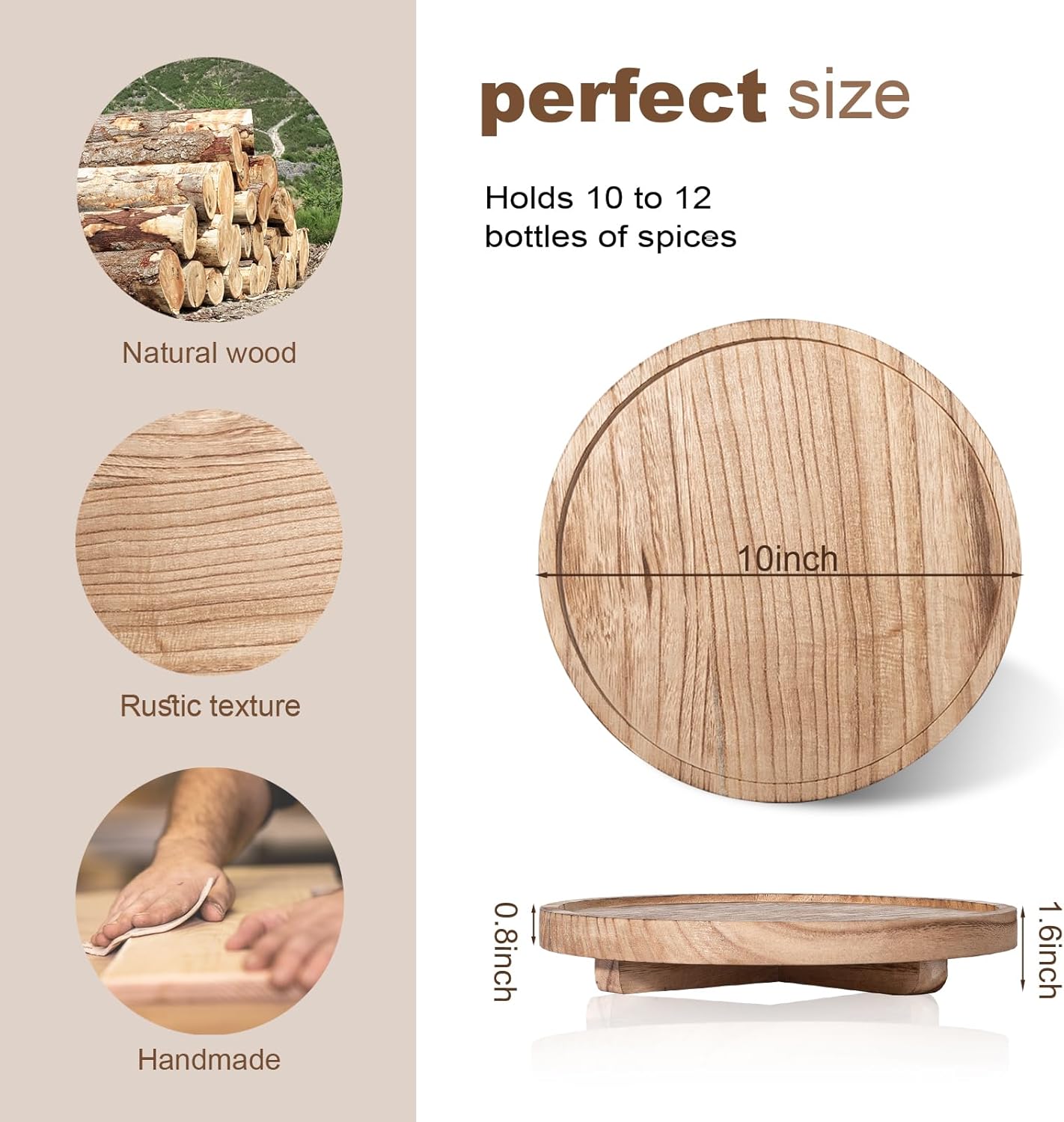 Wooden spice rack with measurements and features on a white background