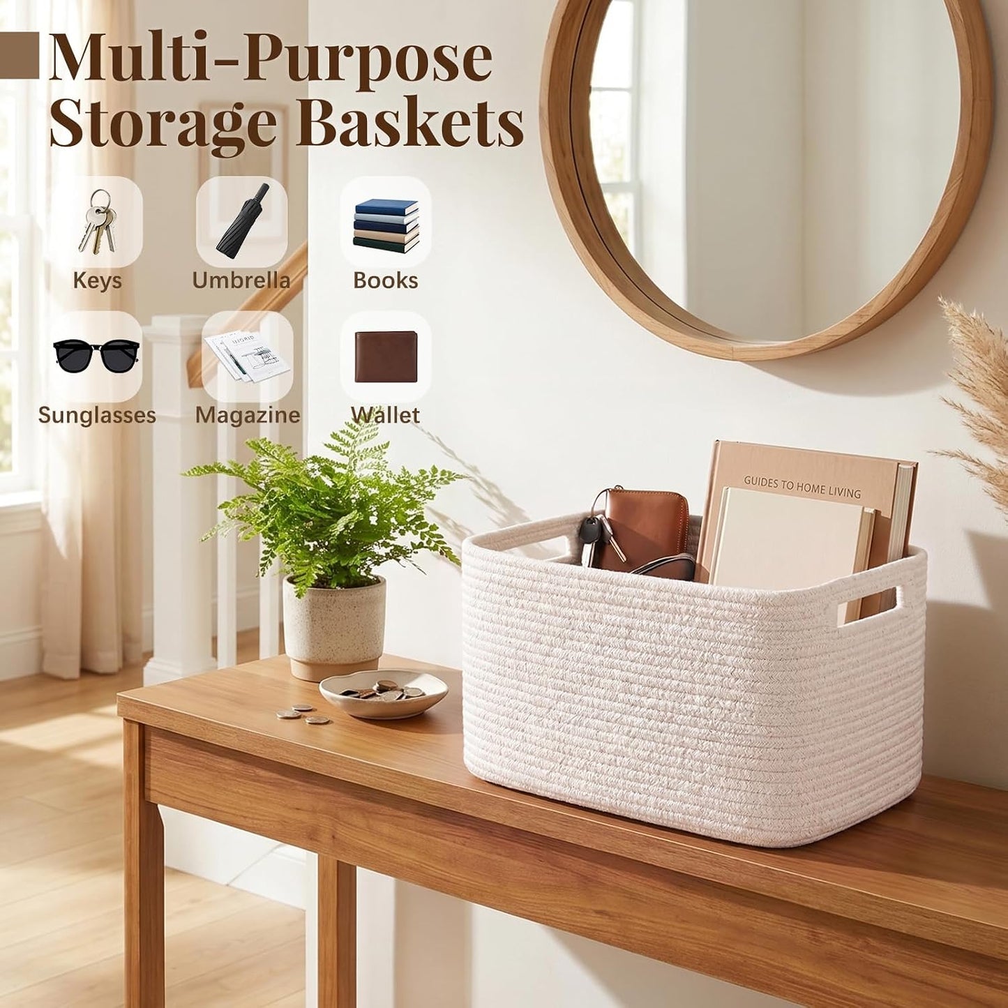Cotton Rope Storage Baskets Set of 4 – Woven Storage Bins with Handles
