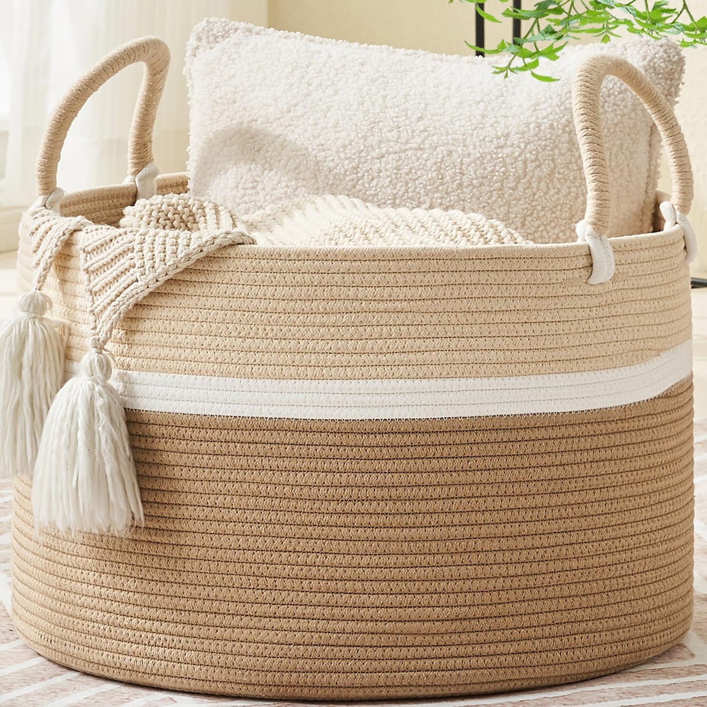 Large Cotton Rope Blanket Basket with Handles | Decorative Storage Basket