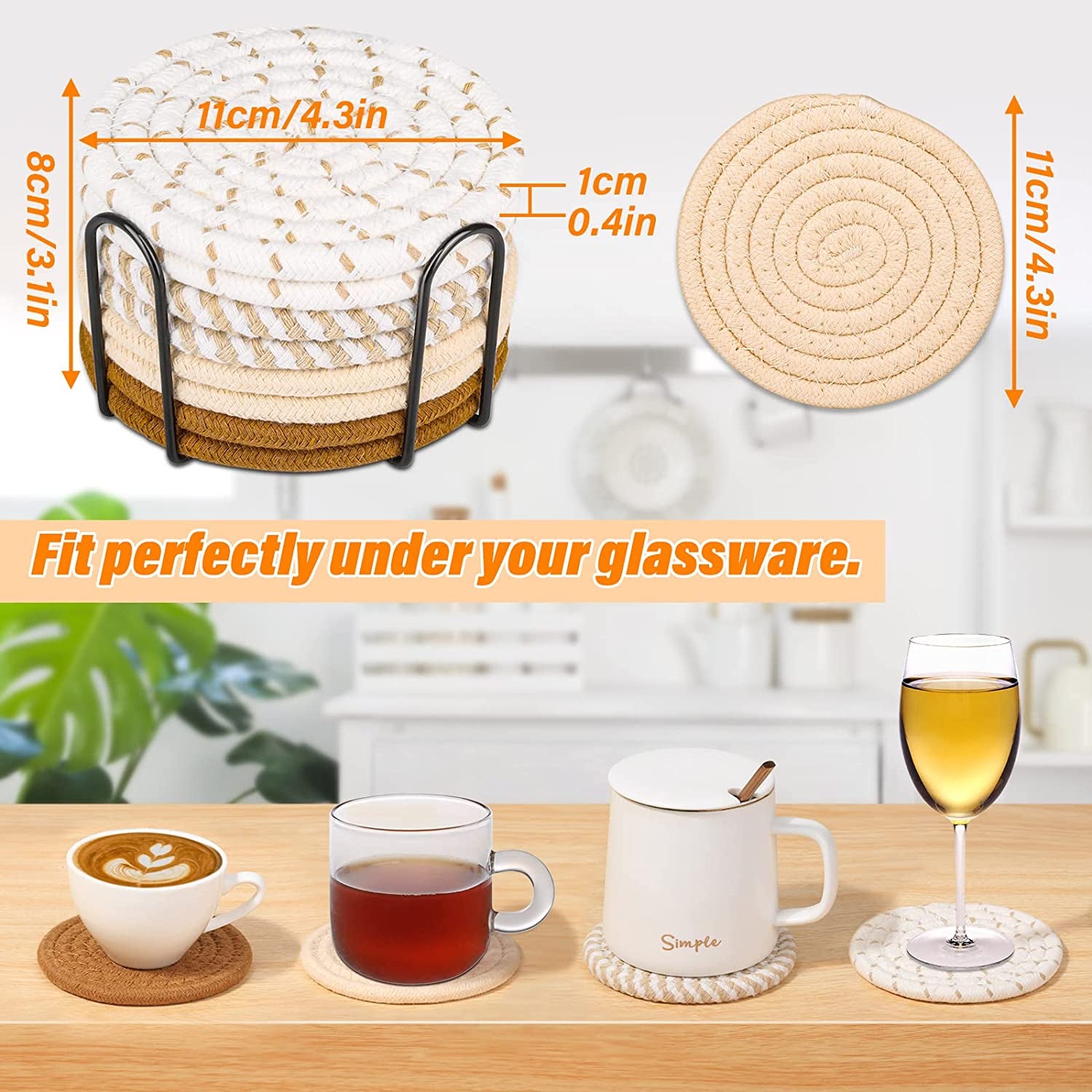 Cotton Woven Drink Coasters with Holder – Set of 8