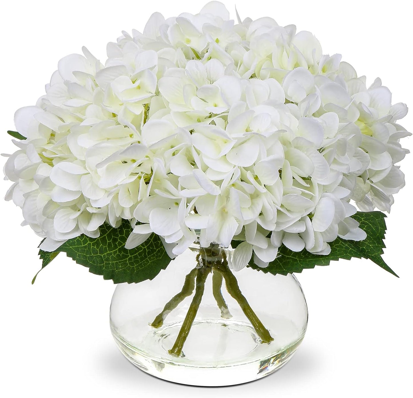 Faux White Hydrangea Arrangement in Glass Vase