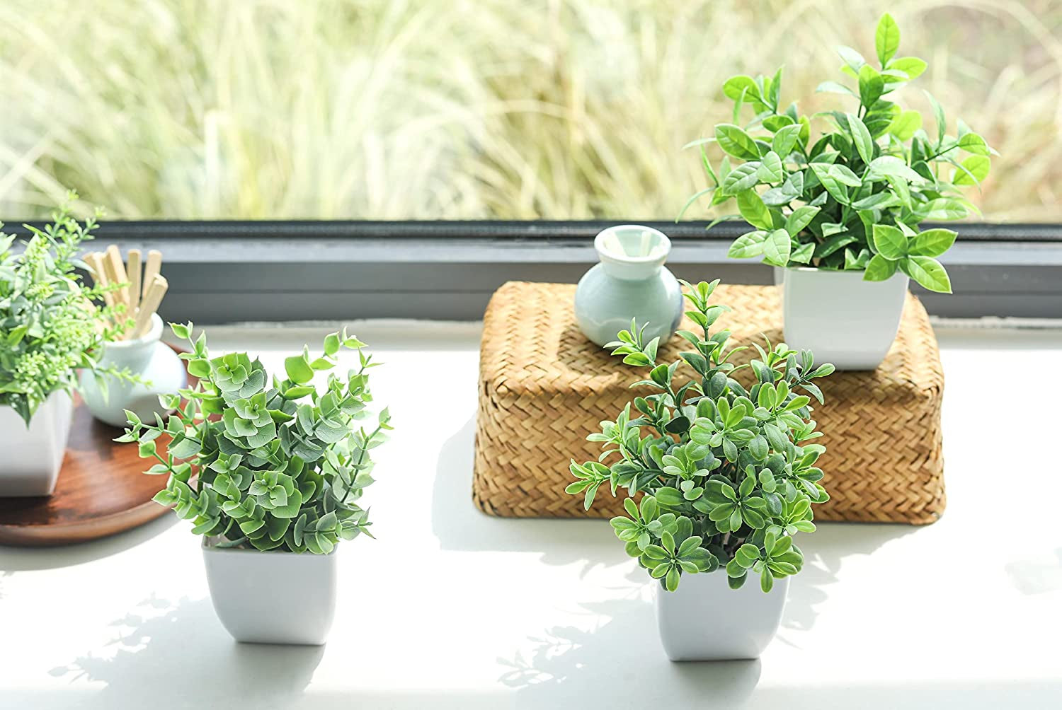 Mini Artificial Potted Plants | Set of 4 Faux Greenery for Home Décor