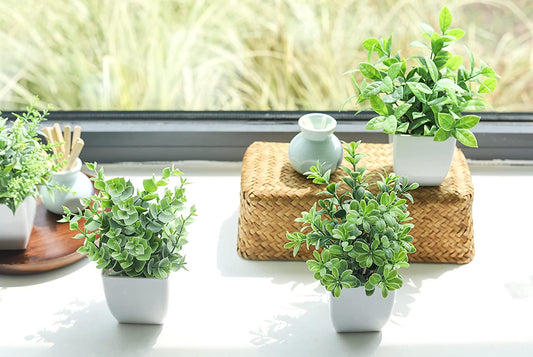 Mini Artificial Potted Plants | Set of 4 Faux Greenery for Home Décor