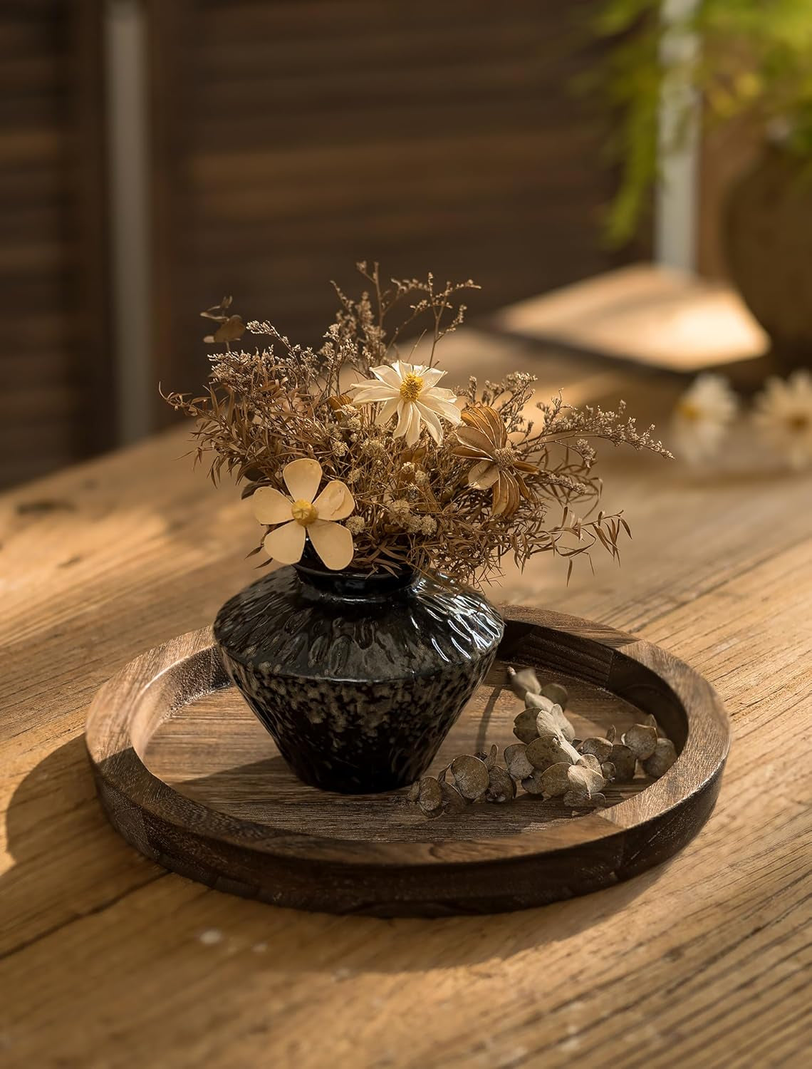 Round Wooden Decorative Tray | Rustic Farmhouse Accent Tray