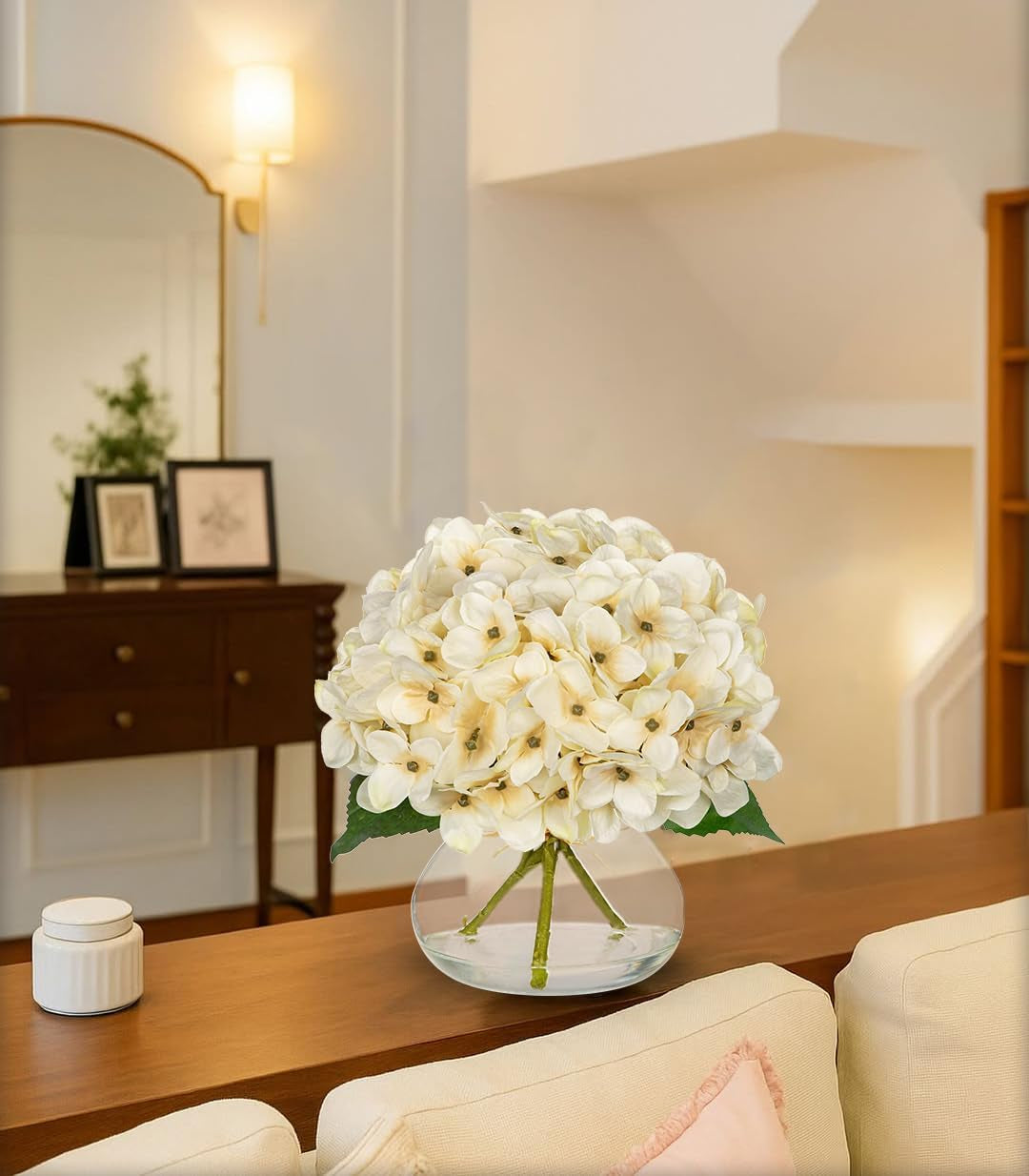 Faux White Hydrangea Arrangement in Glass Vase