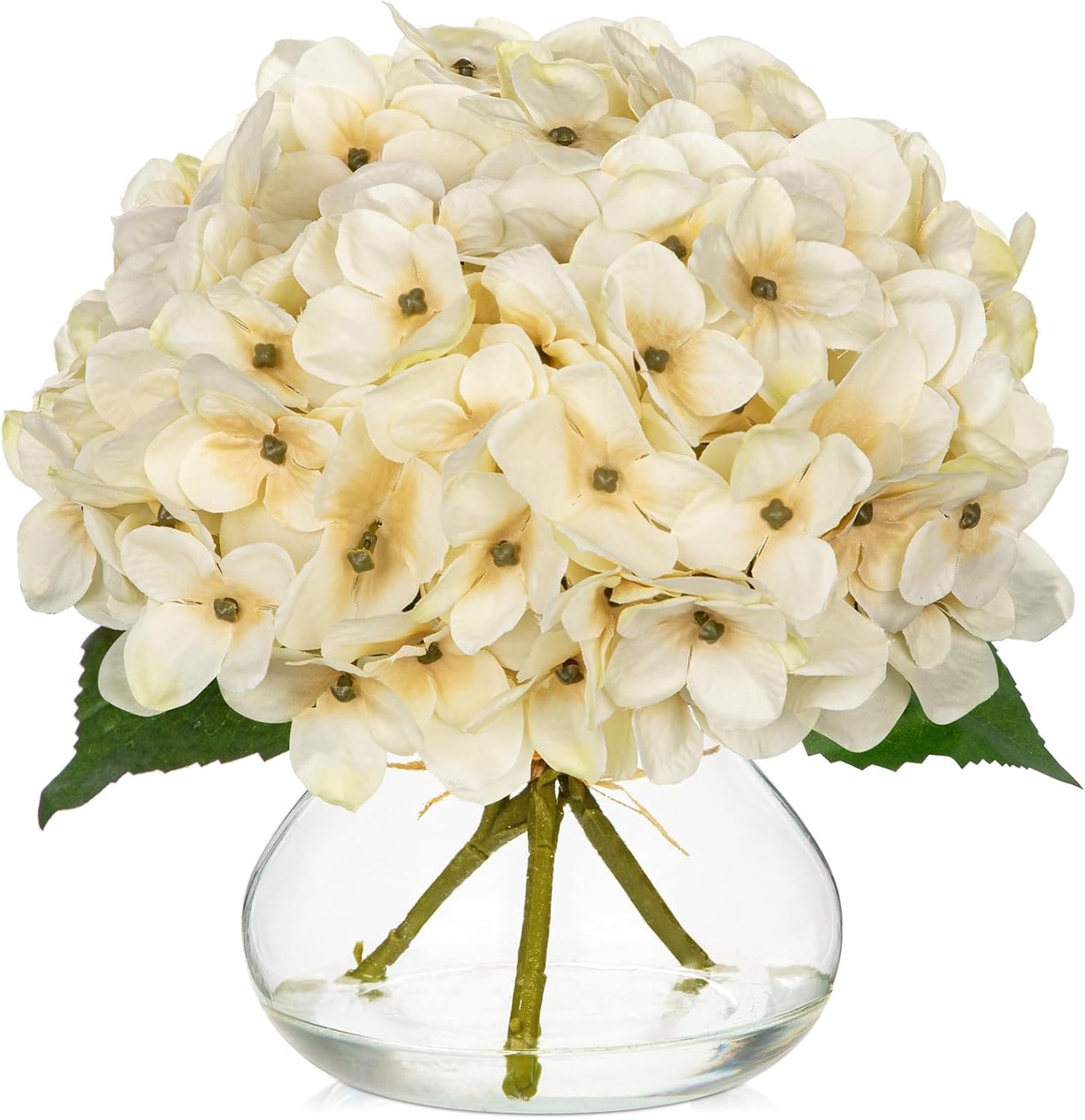 Faux White Hydrangea Arrangement in Glass Vase