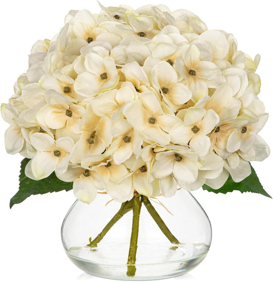 Faux White Hydrangea Arrangement in Glass Vase