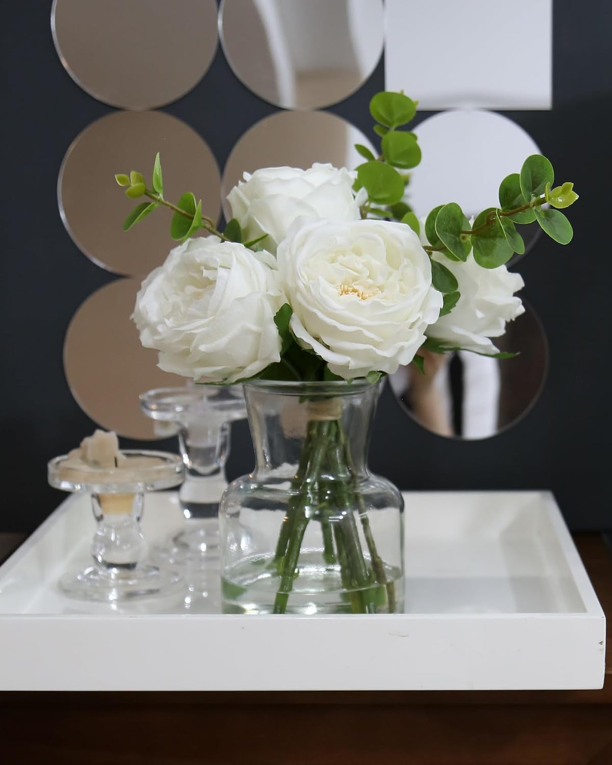 Faux Champagne Rose Arrangement in Glass Vase