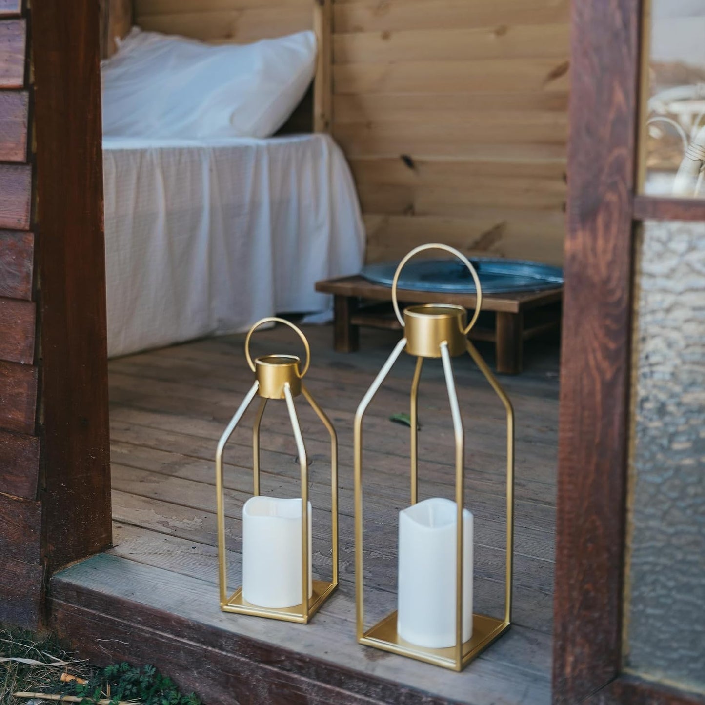 Modern Gold Metal Lantern Set with LED Candles – Set of 2