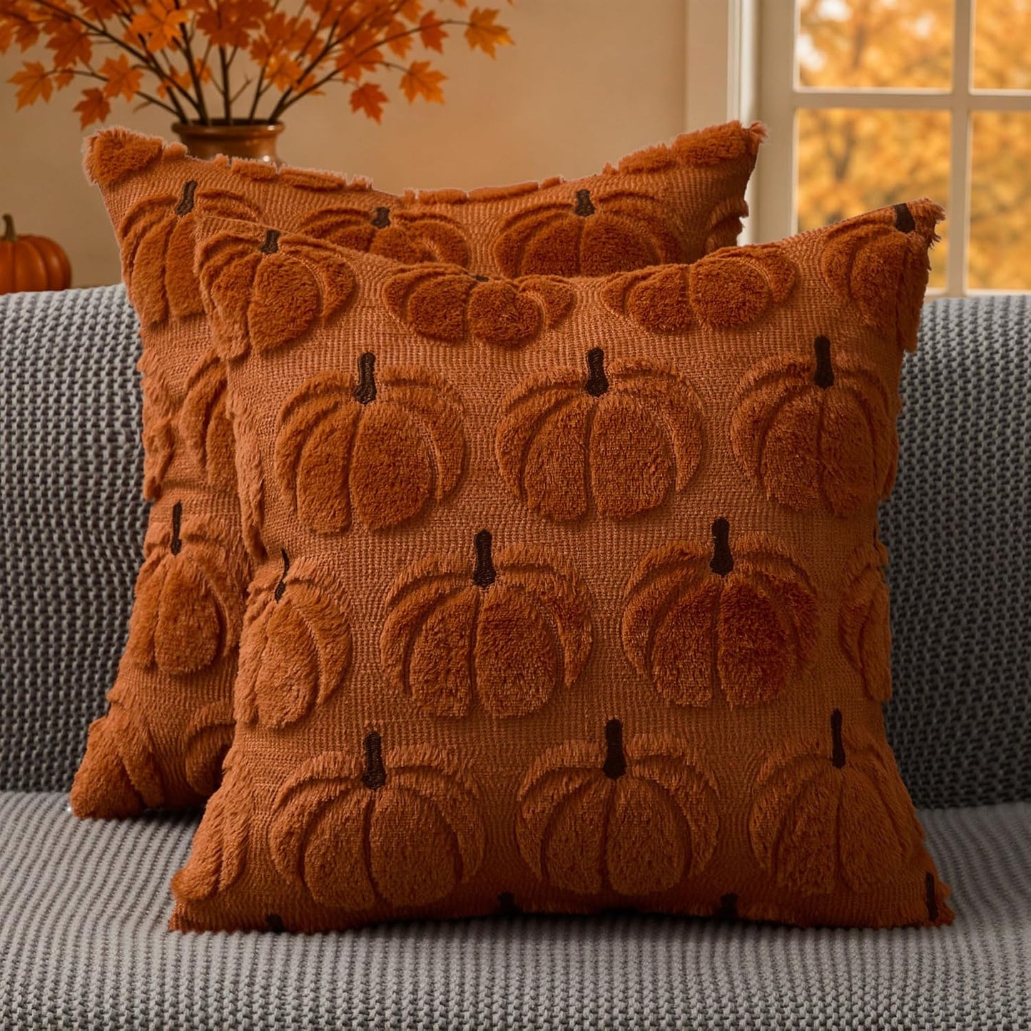 Pumpkin Textured Throw Pillow Covers – Set of 2 | 18" x 18"