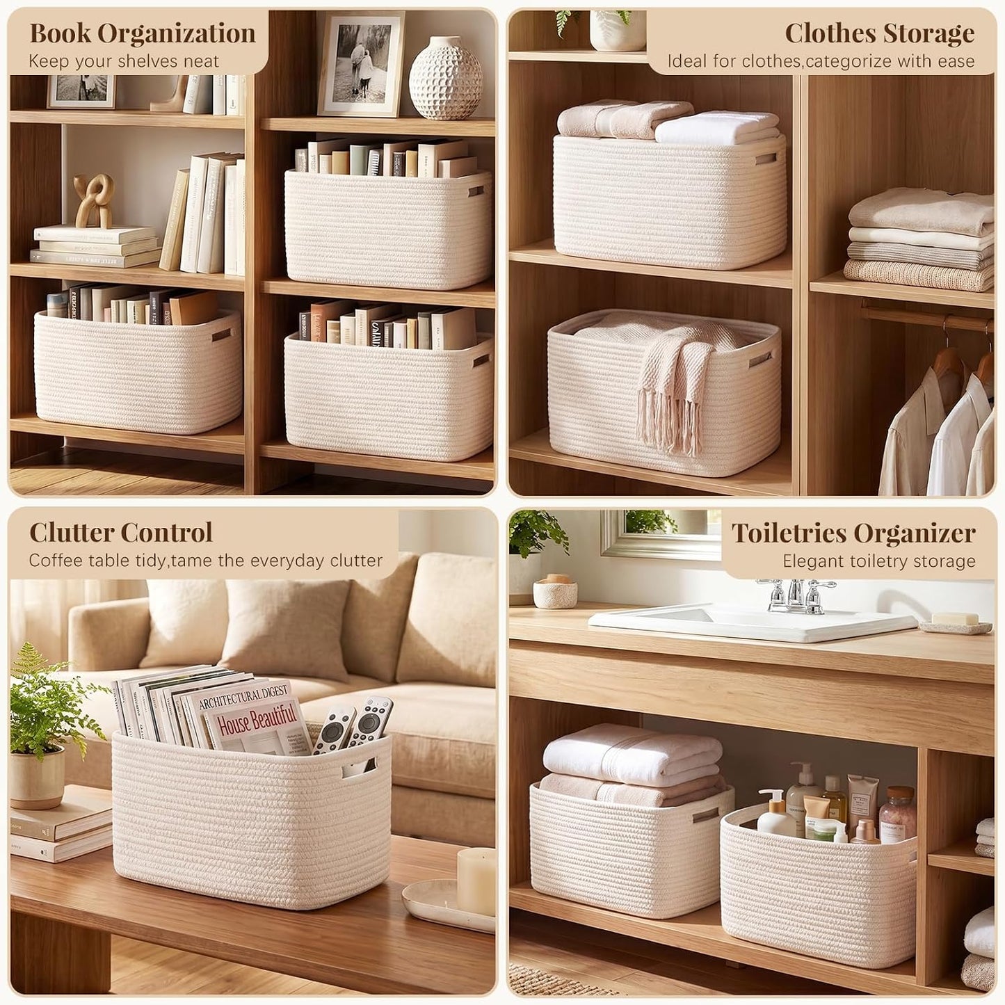 Cotton Rope Storage Baskets Set of 4 – Woven Storage Bins with Handles