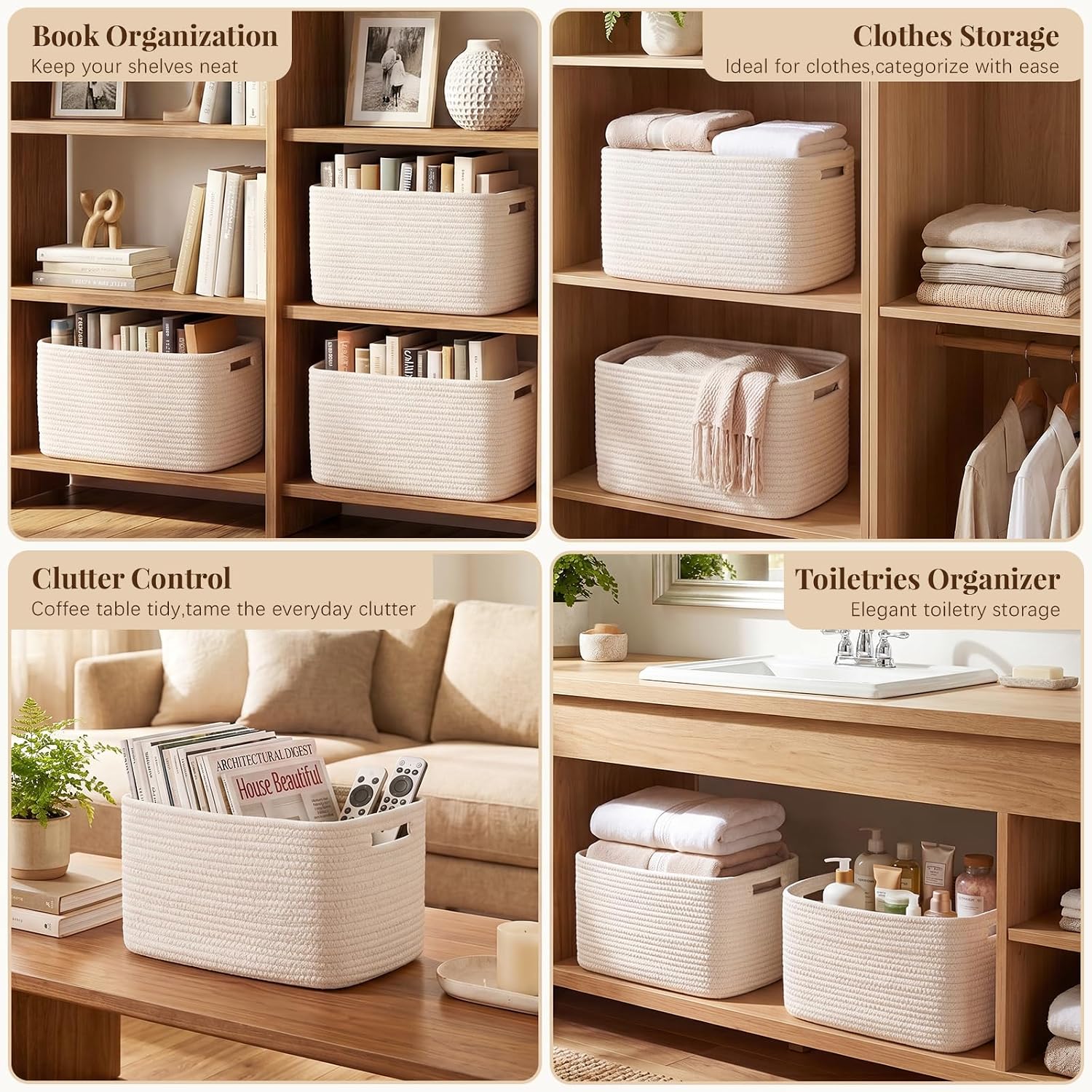 Cotton Rope Storage Baskets Set of 4 – Woven Storage Bins with Handles