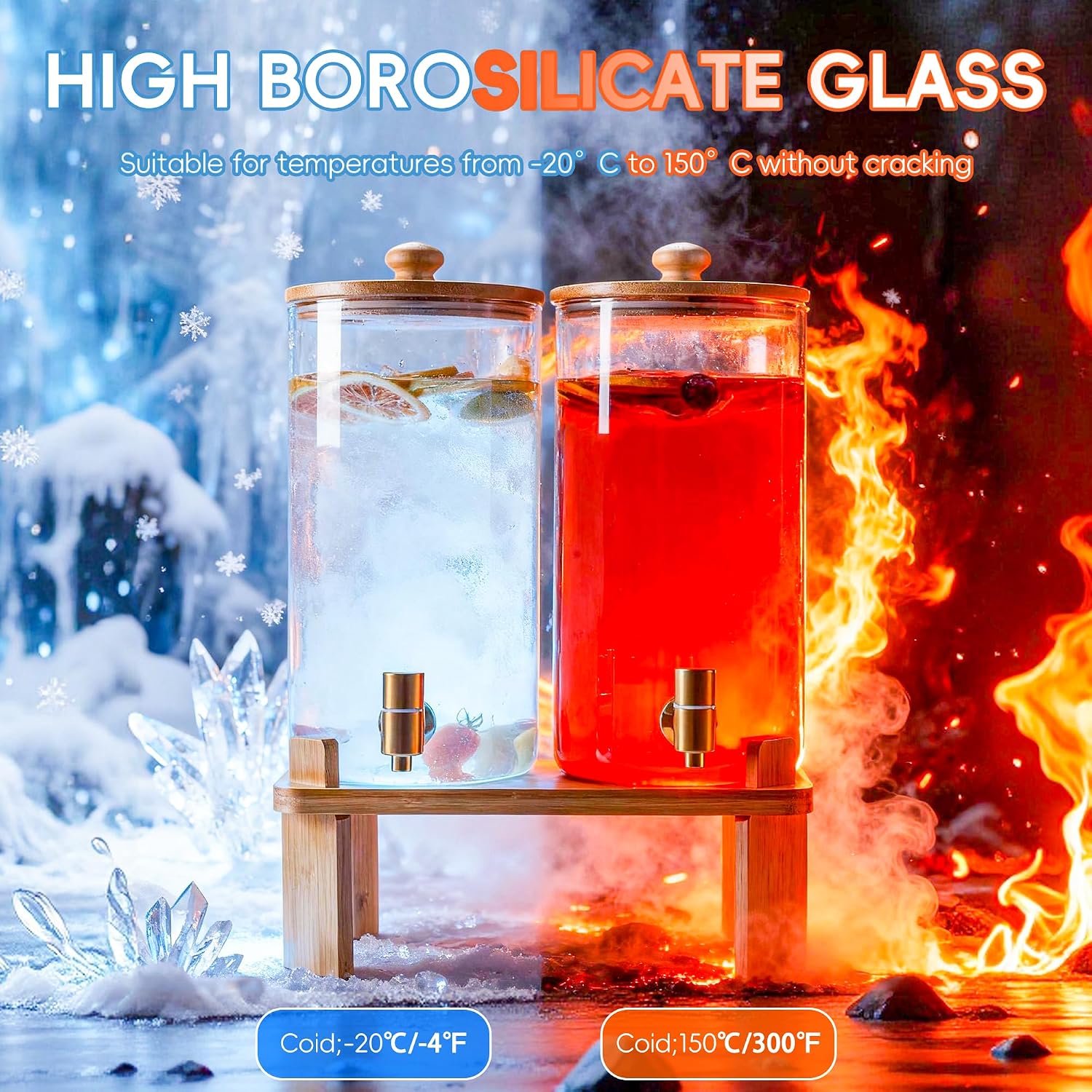 Glass Beverage Dispenser Set with Wooden Stand (2 x 1.5 Gallon)