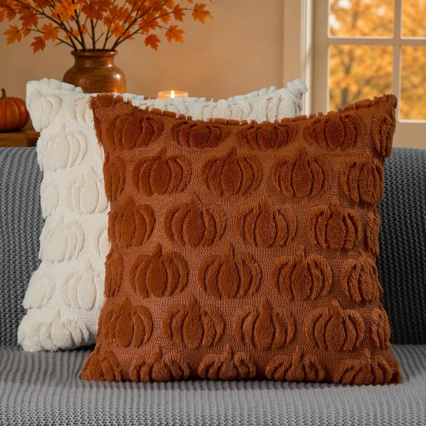 Pumpkin Textured Throw Pillow Covers – Set of 2 | 18" x 18"
