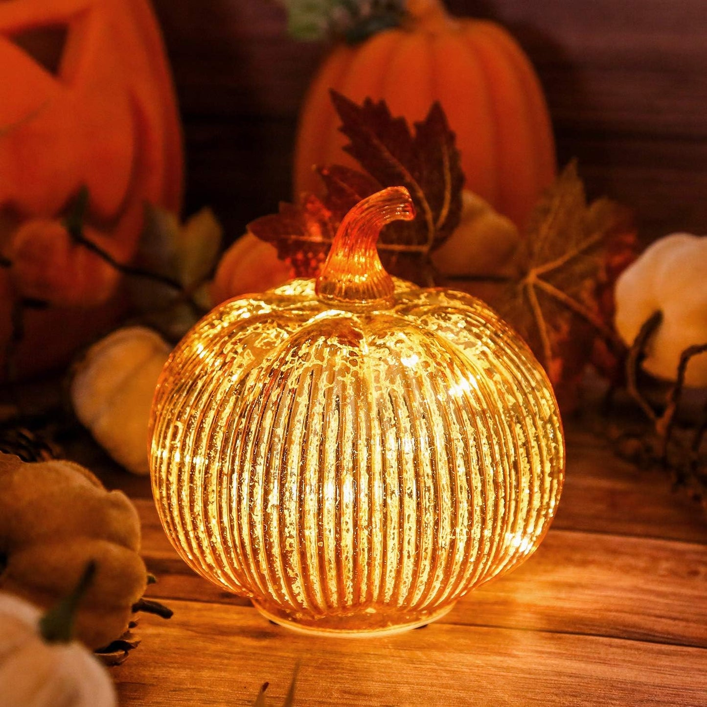 Gold Glass Light-Up Pumpkin – LED Fall Table Decor with Timer