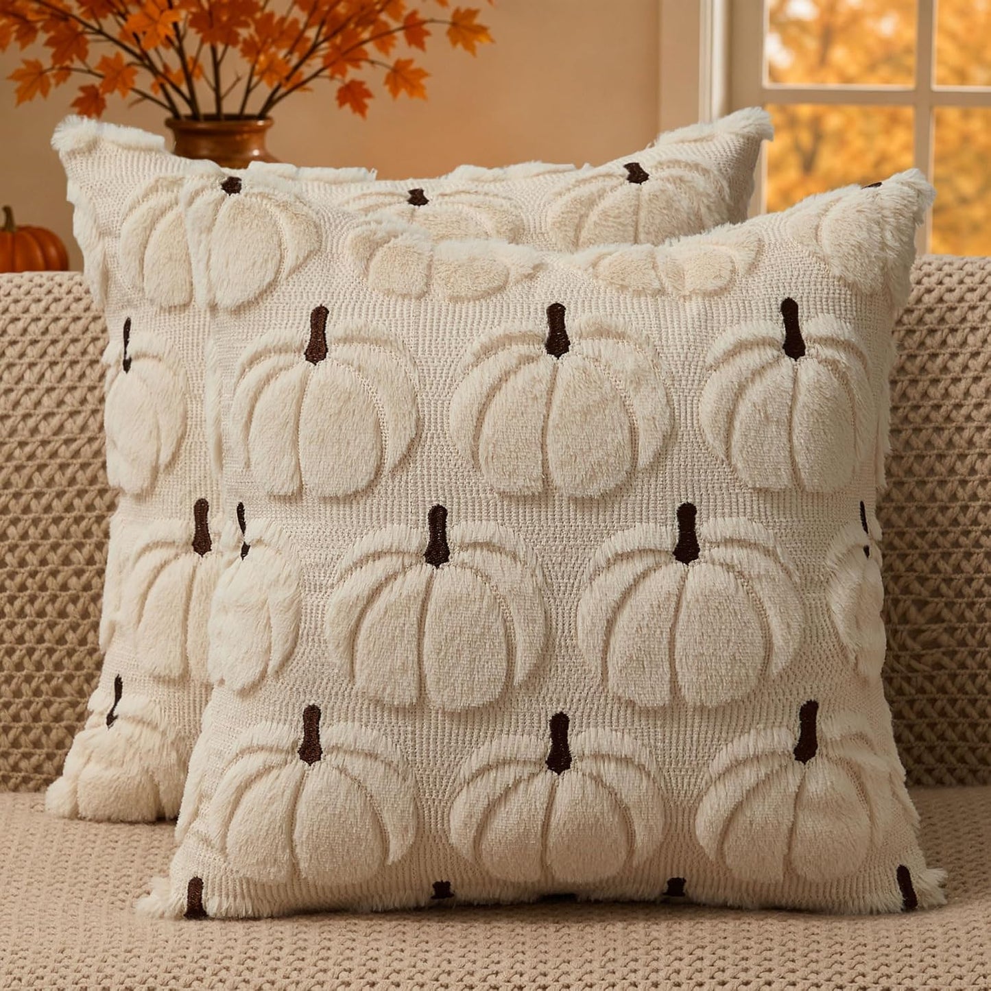 Pumpkin Textured Throw Pillow Covers – Set of 2 | 18" x 18"