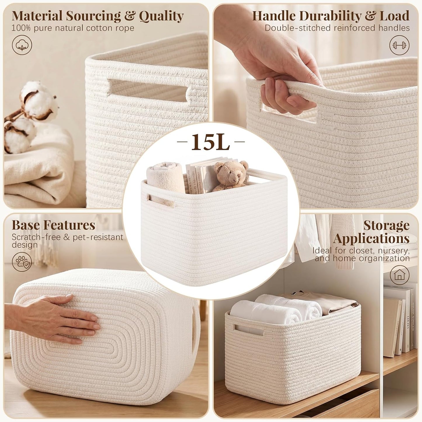 Cotton Rope Storage Baskets Set of 4 – Woven Storage Bins with Handles