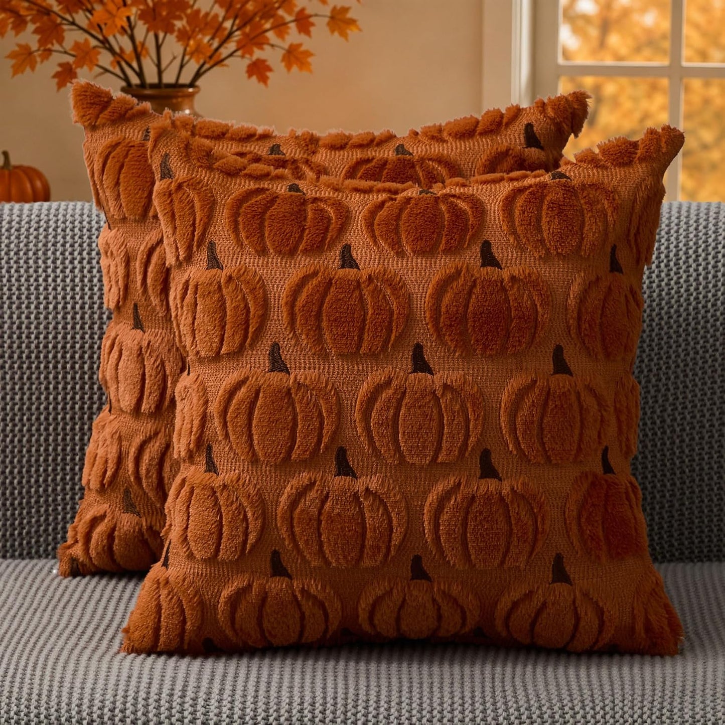 Pumpkin Textured Throw Pillow Covers – Set of 2 | 18" x 18"