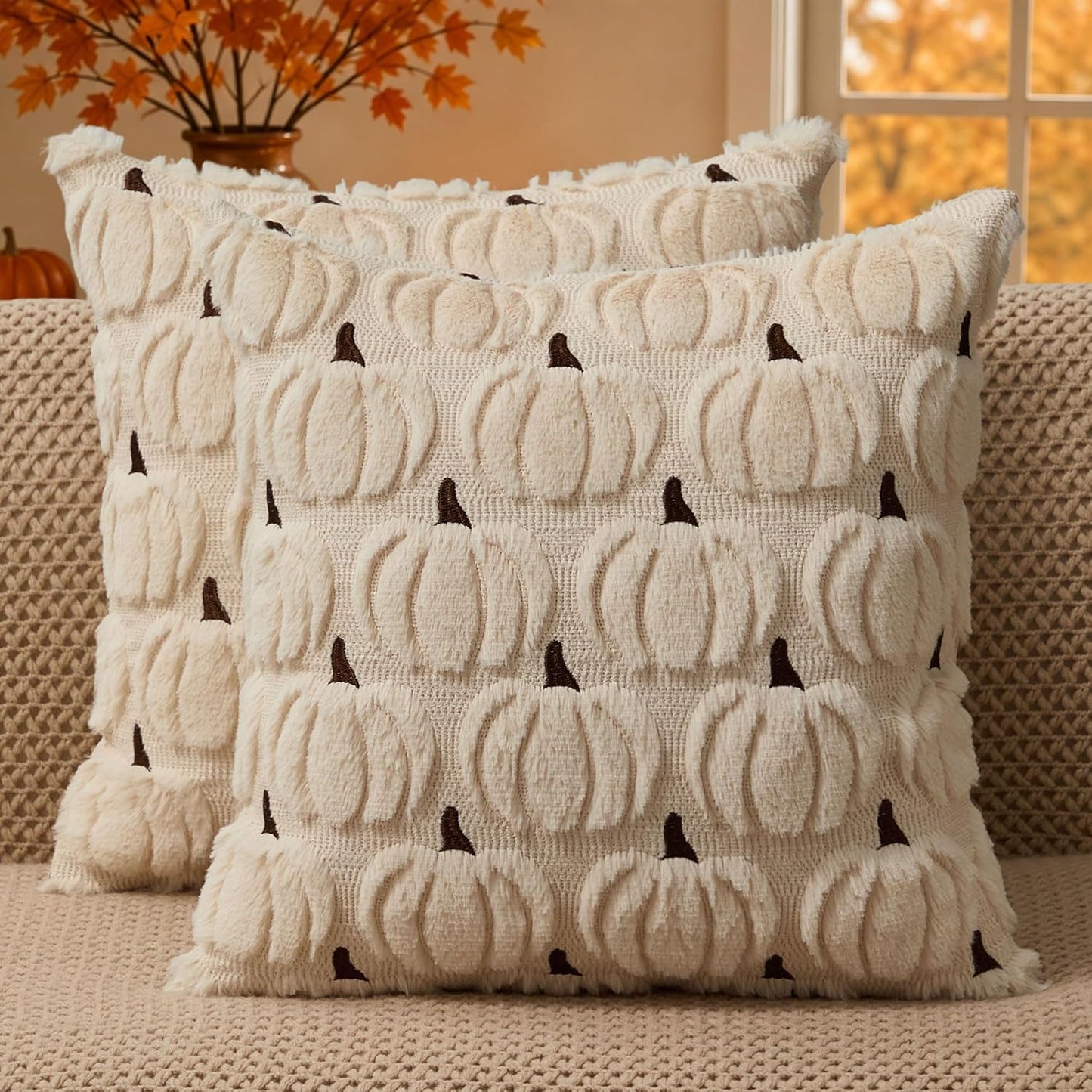 Pumpkin Textured Throw Pillow Covers – Set of 2 | 18" x 18"