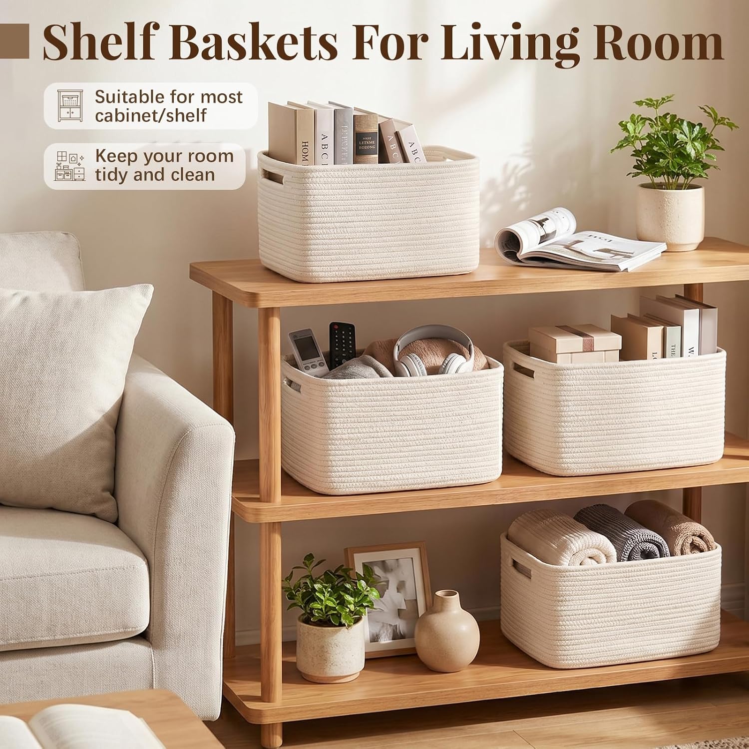 Cotton Rope Storage Baskets Set of 4 – Woven Storage Bins with Handles