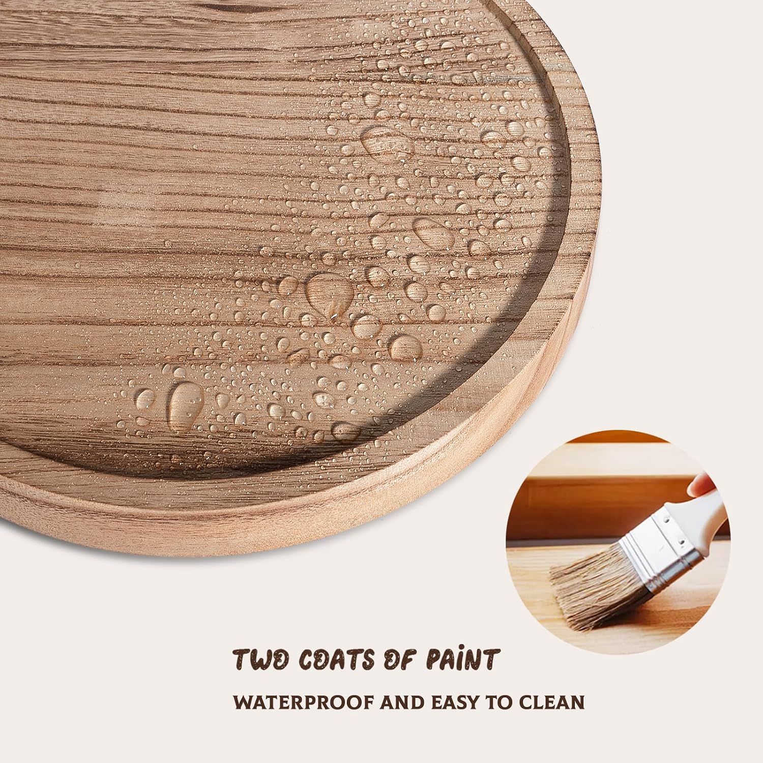 Wooden tray with water droplets and a brush, indicating waterproof and easy-to-clean properties.