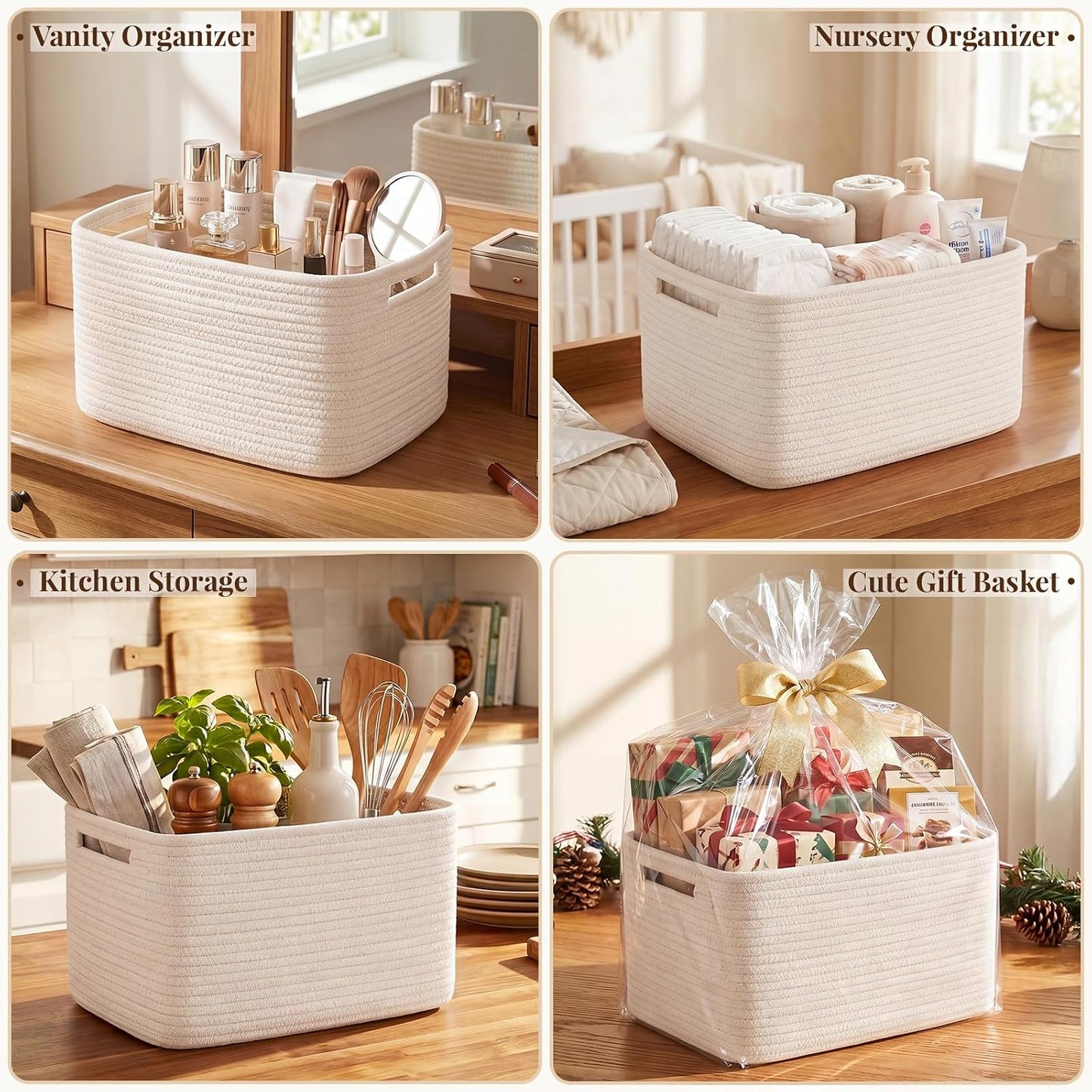 Cotton Rope Storage Baskets Set of 4 – Woven Storage Bins with Handles